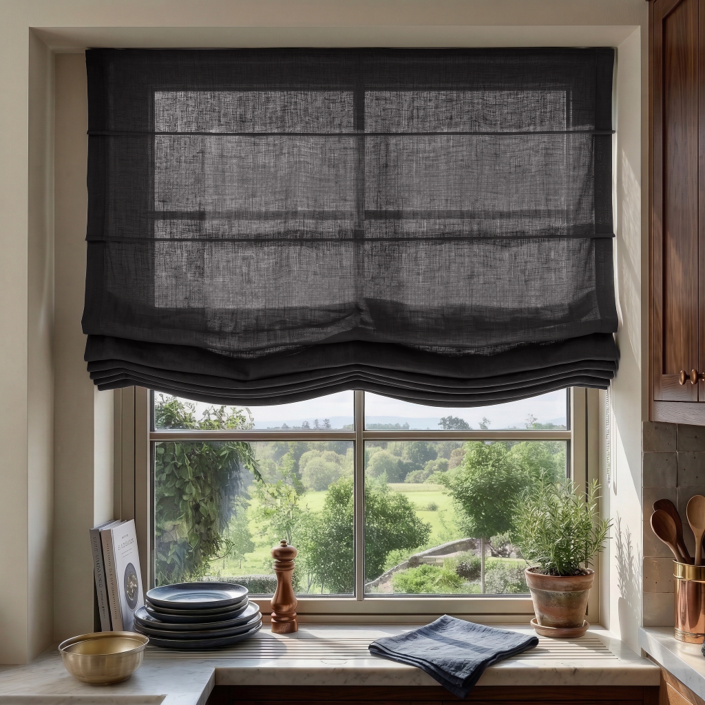 Charcoal Linen Relaxed Roman Shades