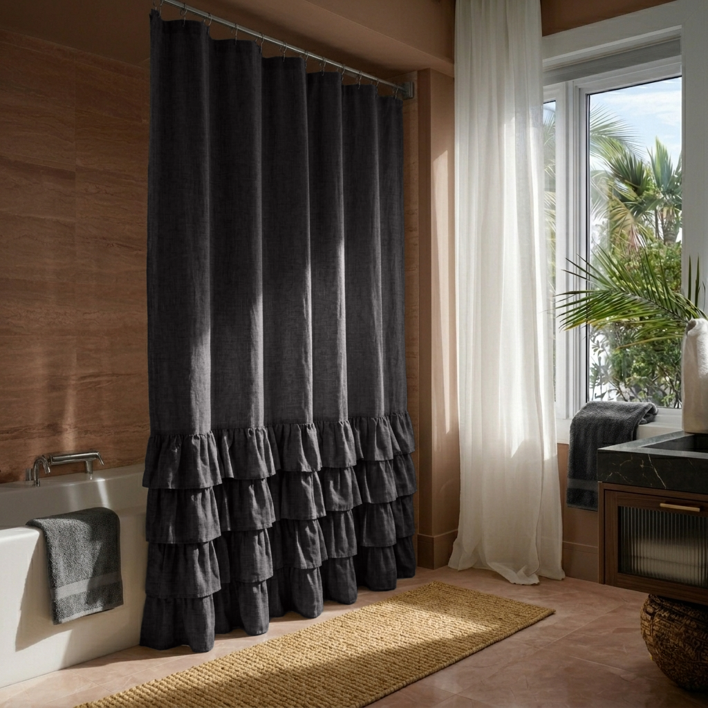 Charcoal Grey Linen Ruffled Shower Curtain