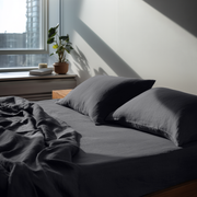 Charcoal Dark Grey Washed Linen Deep Pocket Fitted Sheet Set 