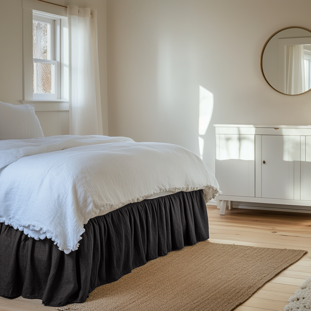 Charcoal Grey Linen Bed Skirt with Gathered Ruffles
