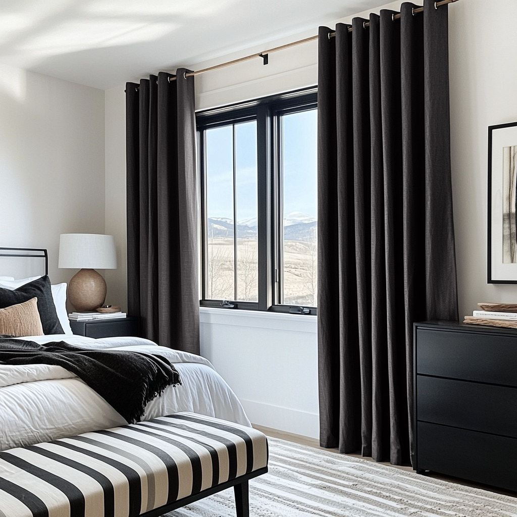 Bedroom Charcoal Grey Linen Grommet Curtains - Blackout Lining