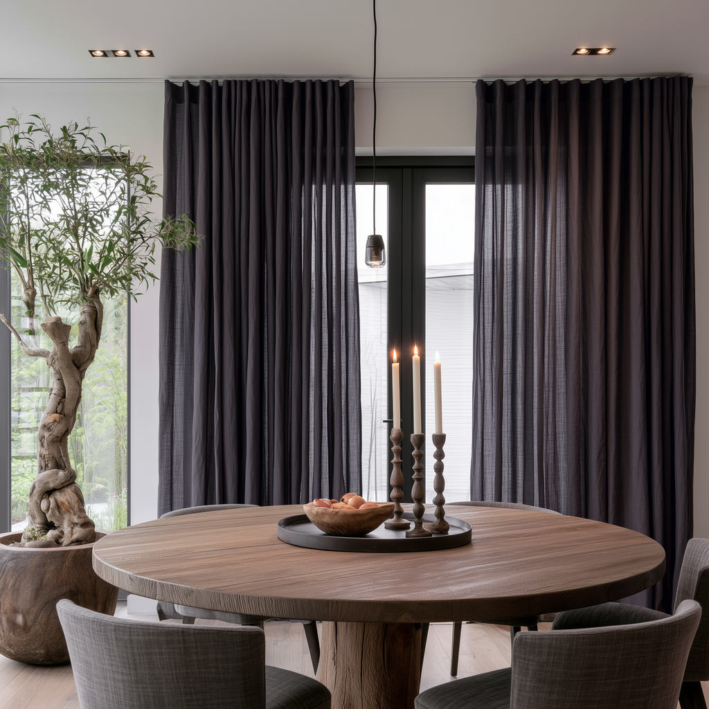 Floor-length charcoal gray curtains frame glass doors behind a round wooden dining table with upholstered chairs, three candles, a fruit bowl, and a large potted tree