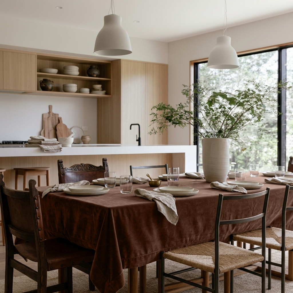 Chocolate Brown Rectangular Velvet Tablecloth in a Contemporary Kitchen with Light Oak Cabinetry and Woven Dining Chairs
