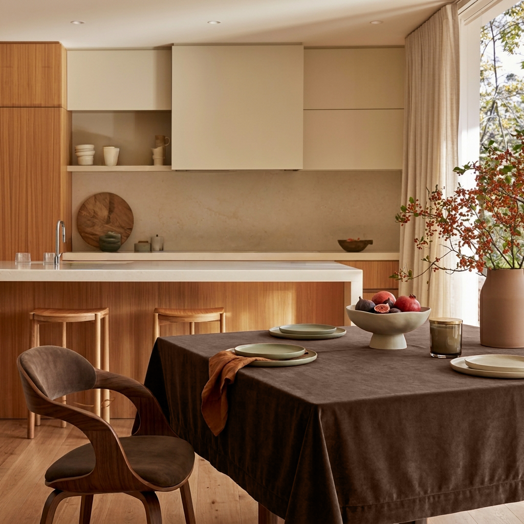 Chocolate Brown Square Velvet Tablecloth in a Contemporary Kitchen with Warm Wood Cabinetry