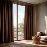 Chocolate Brown Velvet Back Tab Blackout Curtains for Sliding Doors in a Living Room with Beige Walls
@Heading: Back Tabs