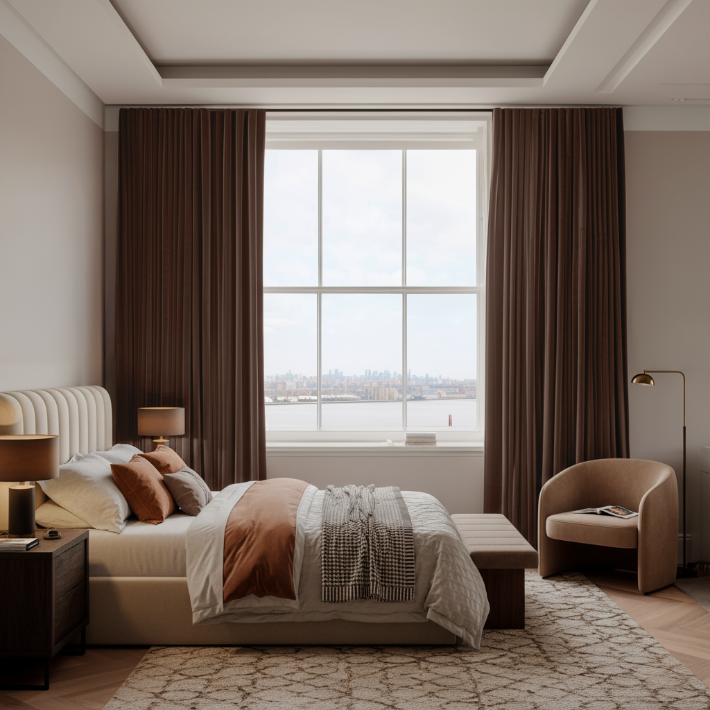 Chocolate Brown Velvet Back Tab Blackout Curtains in a Bedroom with Beige Walls