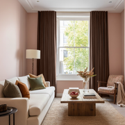 Chocolate Brown Velvet Back Tab Blackout Curtains in a Living Room with Blush Pink Walls