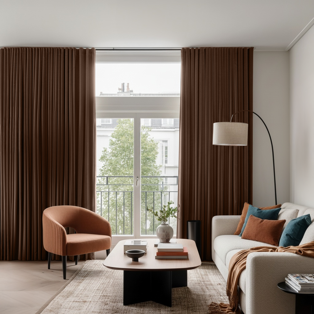 Chocolate Brown Velvet Back Tab Blackout Curtains in a Living Room with Crisp White Walls
