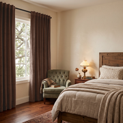 Chocolate Brown Velvet Back Tab Extra Long Curtains in a Transitional Bedroom with Wooden Bed and Cozy Reading Chair