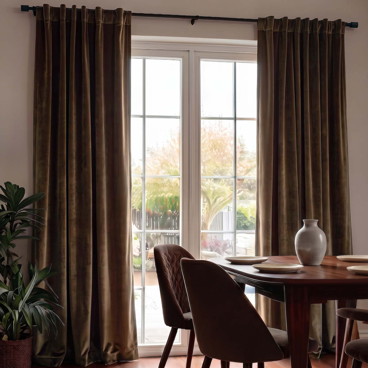 Chocolate Brown Velvet Curtains in a Spacious Beige Dining Room with a Brown Wooden Table and Soft Brown Chairs, Flower Vase