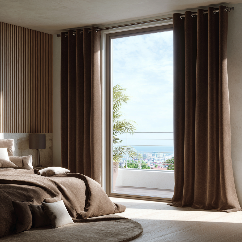 Chocolate Brown Velvet Grommet Blackout Curtains for Sliding Doors in a Bedroom with Light Grey Walls
@Heading: Grommets