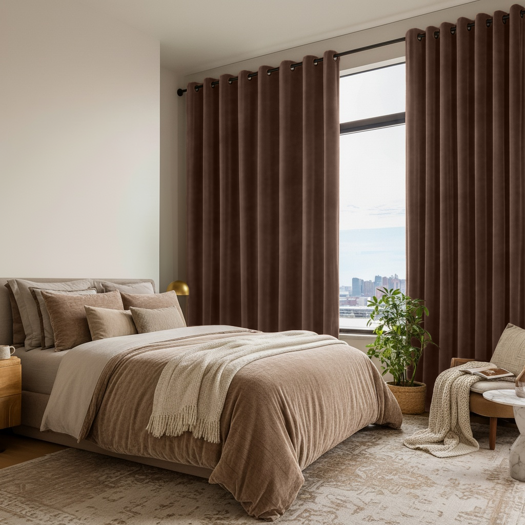 Chocolate Brown Velvet Grommet Blackout Curtains in a Bedroom with Off-White Walls