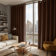 Chocolate Brown Velvet Grommet Blackout Curtains in a Living Room with Light Grey Walls