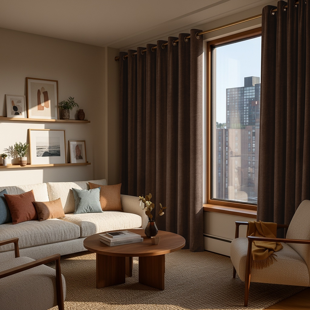 Chocolate Brown Velvet Grommet Blackout Curtains in a Living Room with Tan Walls