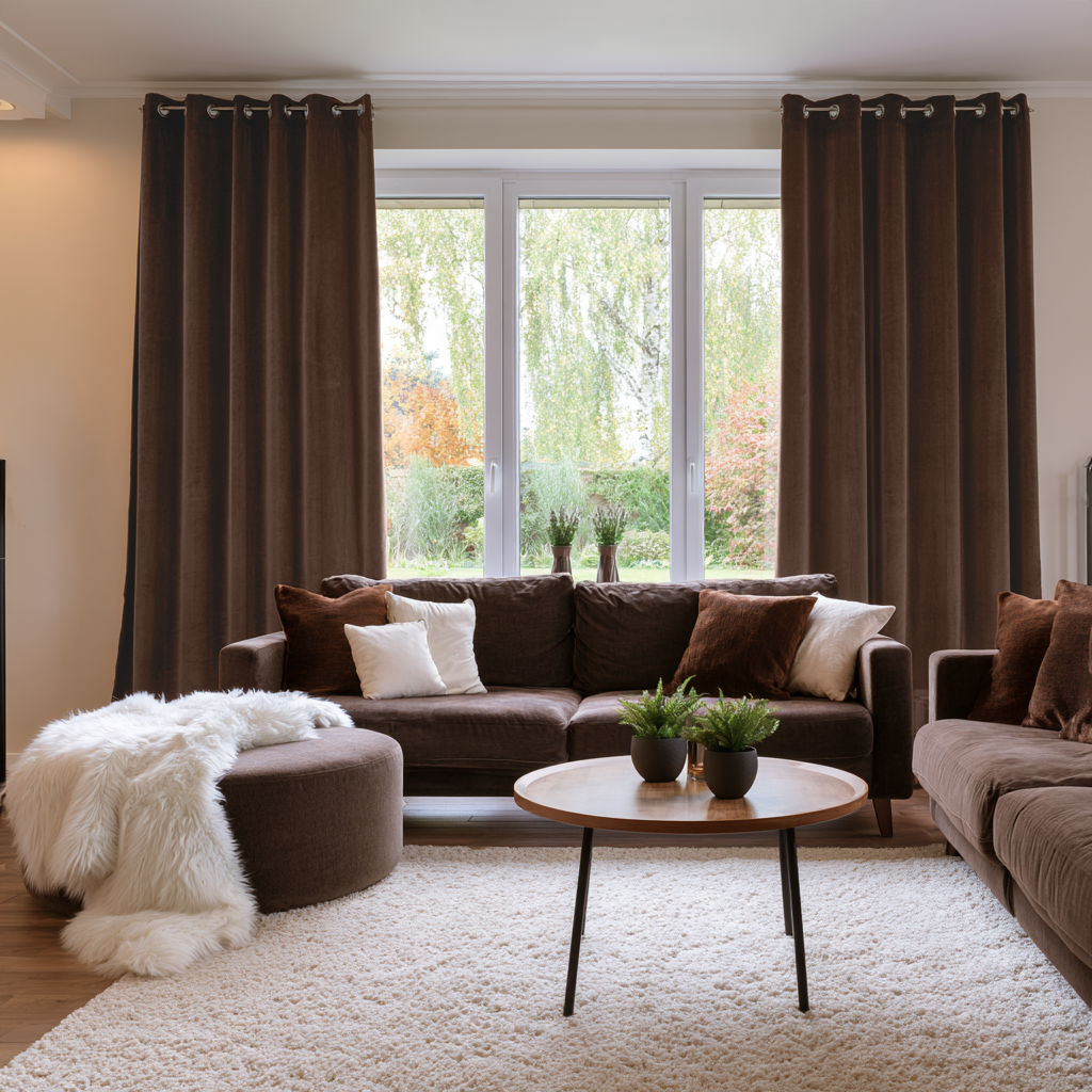 Chocolate Brown Velvet Grommet Extra Long Curtains in a Contemporary Living Room with a Matching Dark Brown Sectional Sofa and a White Shag Rug