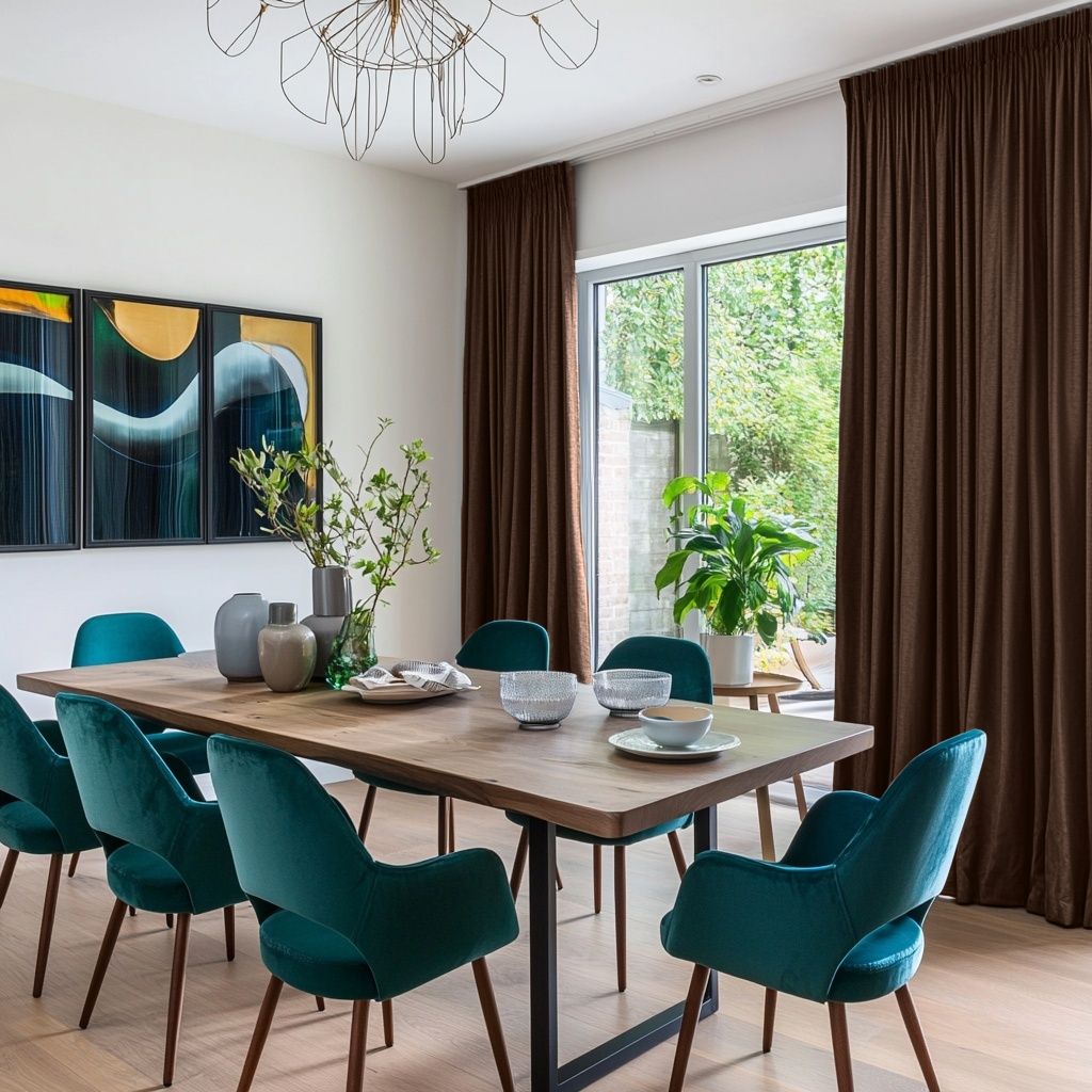 Chocolate Brown Velvet Pencil Pleat Blackout Curtains for Sliding Doors in a Dining Room with Bright White Walls
@Heading: Pinch Pleat