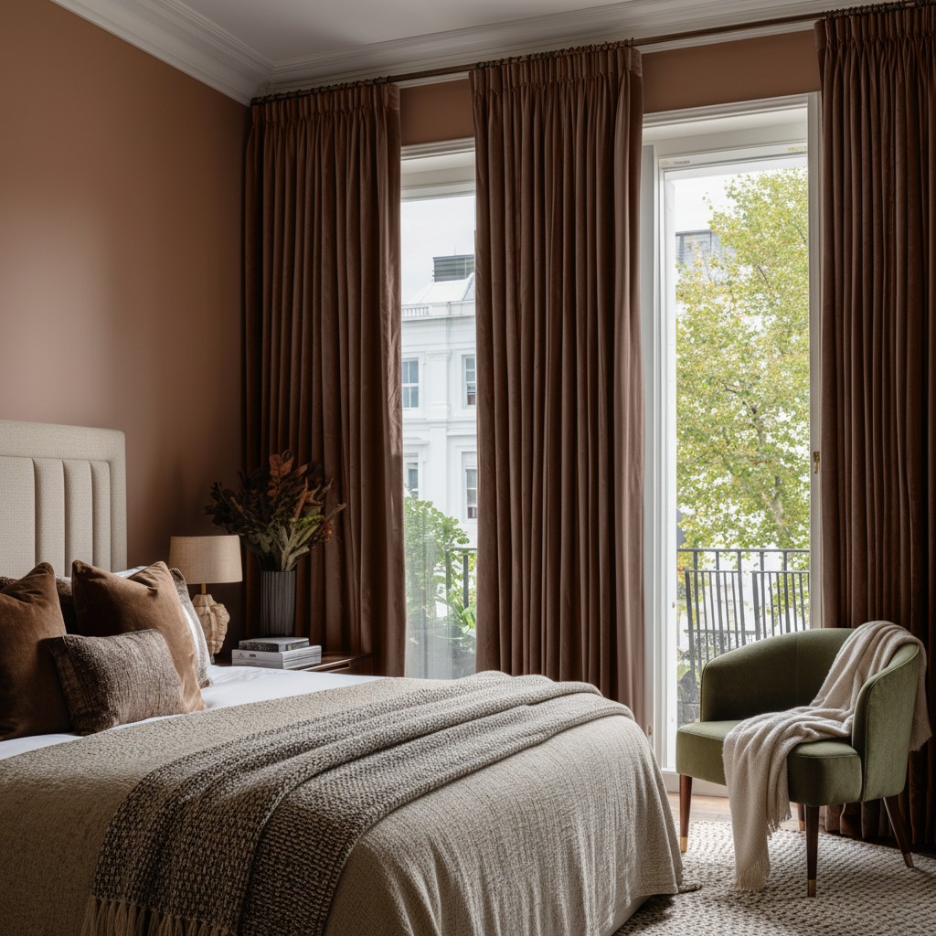 Chocolate Brown Velvet Pencil Pleat Blackout Curtains in a Bedroom with Terracotta Walls