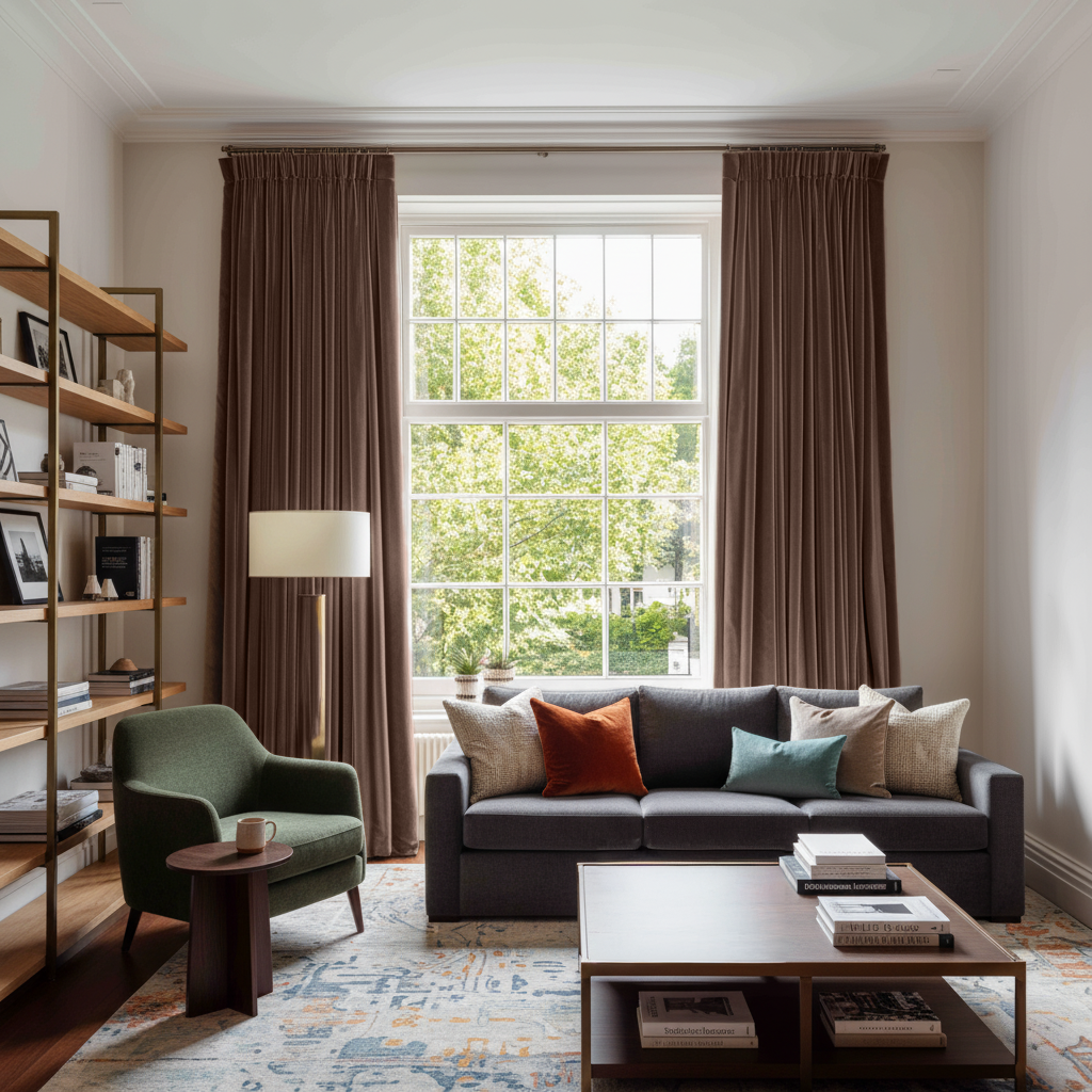Chocolate Brown Velvet Pencil Pleat Blackout Curtains in a Living Room with Beige Walls