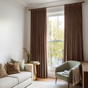 Chocolate Brown Velvet Pencil Pleat Blackout Curtains in a Living Room with White Walls