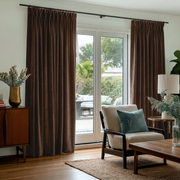 Chocolate Brown Velvet Pinch Pleat Blackout Curtains for Sliding Doors in a Living Room with White Walls
@Heading: Pinch Pleat