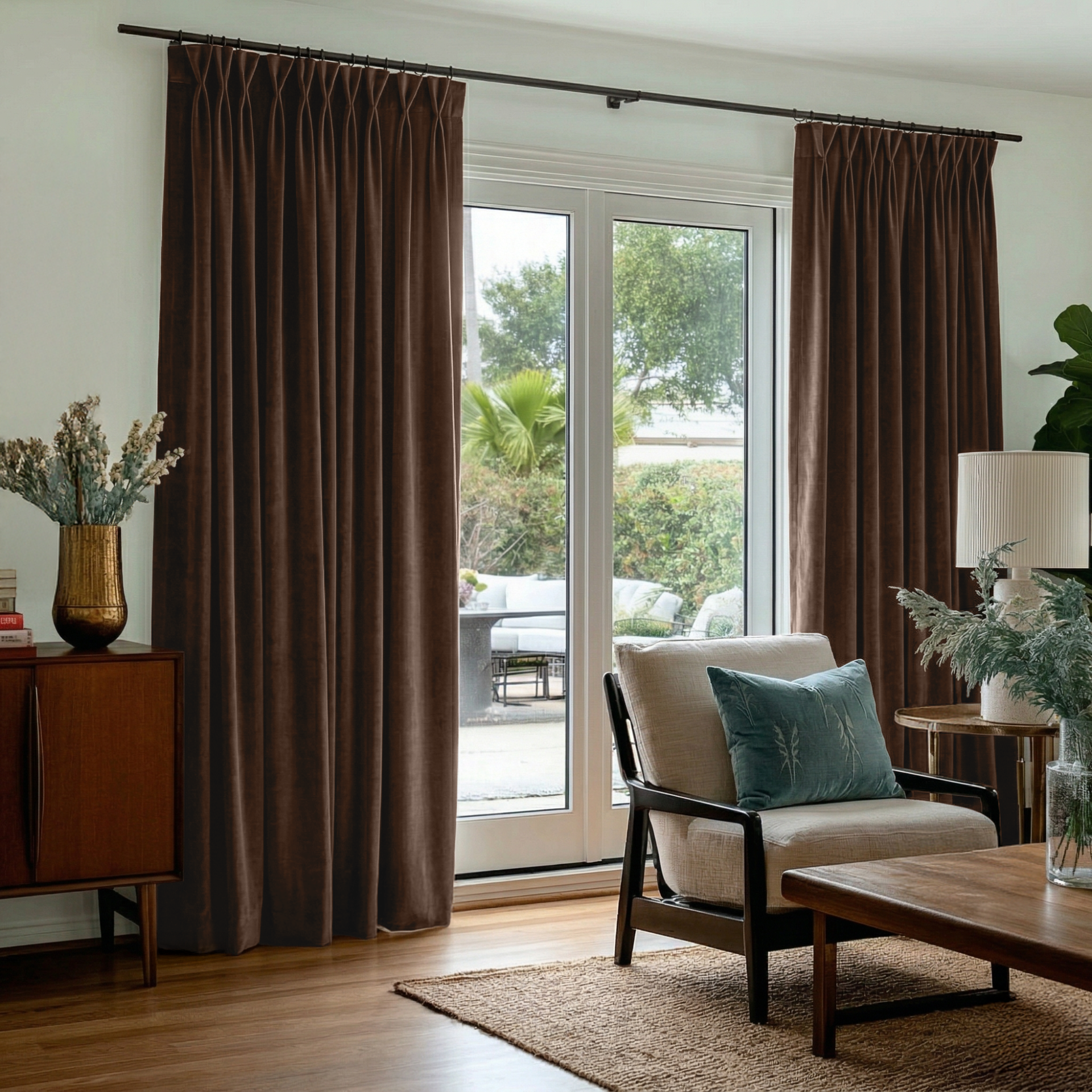 Chocolate Brown Velvet Pinch Pleat Blackout Curtains for Sliding Doors in a Living Room with White Walls
@Heading: Pinch Pleat