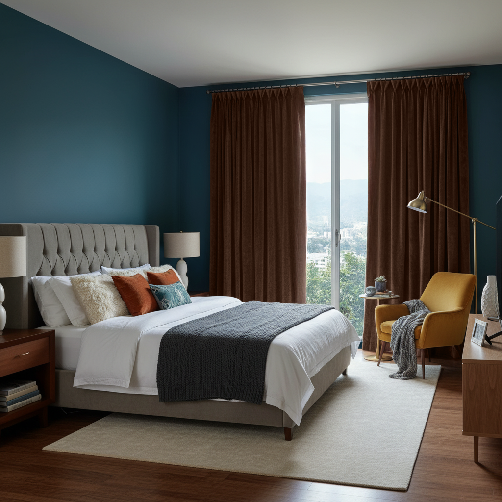 Chocolate Brown Velvet Pinch Pleat Blackout Curtains in a Bedroom with Teal Walls