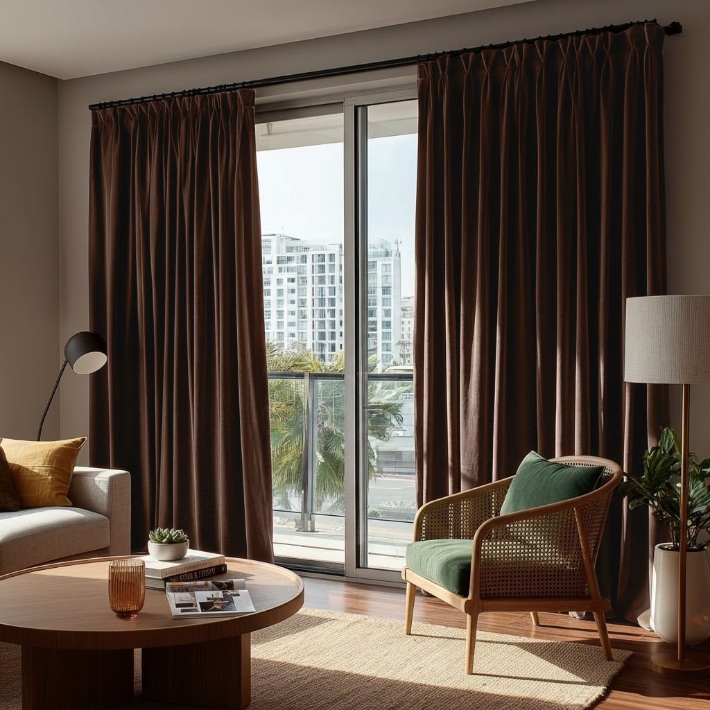 Chocolate Brown Velvet Pinch Pleat Blackout Curtains in a Living Room with Tan Walls