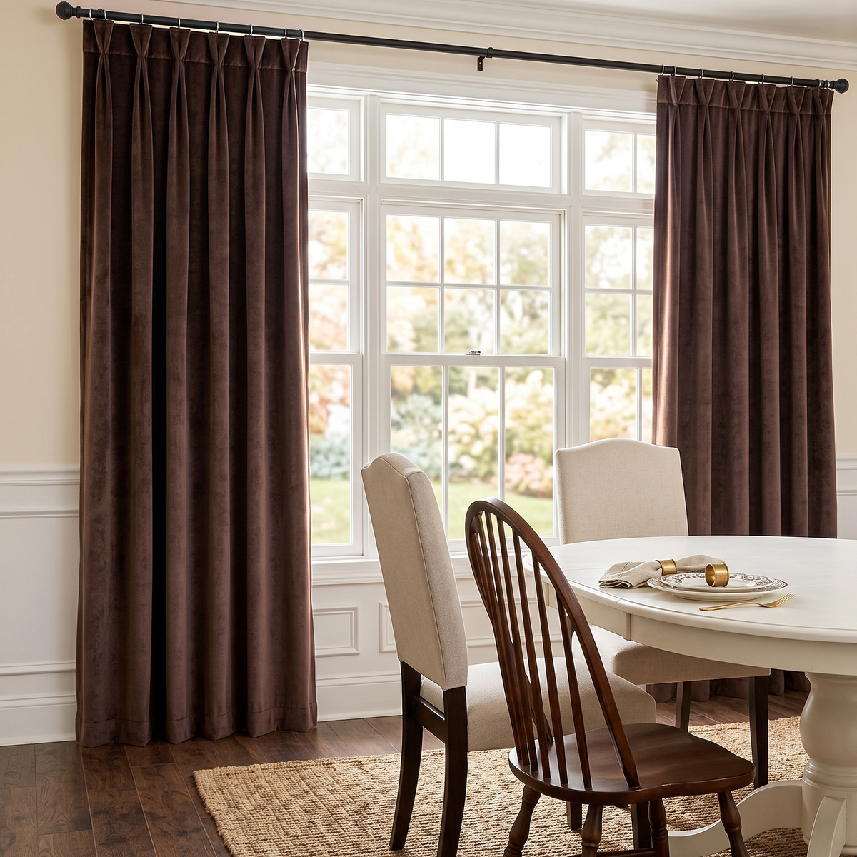 Elegant floor-length Chocolate Brown curtains framing a large window in a bright, classic dining room