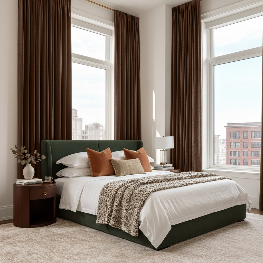 Chocolate Brown Velvet Rod Pocket Blackout Curtains in a Bedroom with Crisp White Walls