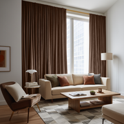 Chocolate Brown Velvet Rod Pocket Blackout Curtains in a Living Room with Light Grey Walls