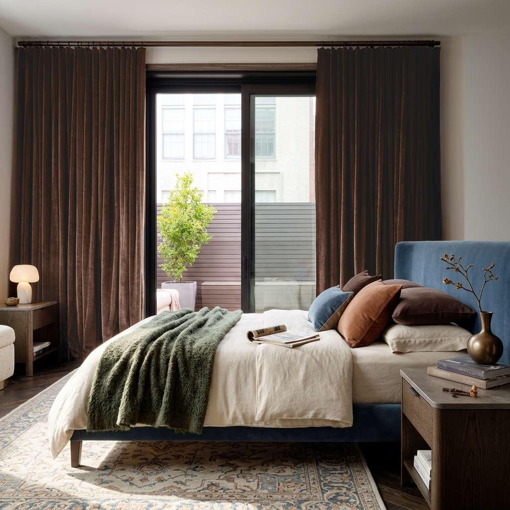 Chocolate Brown Velvet S-Fold Blackout Curtains for Sliding Doors in a Bedroom with Off-White Walls
@Heading: S-Fold