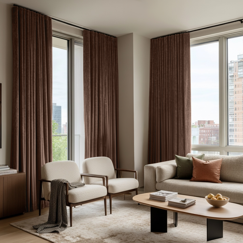 Chocolate Brown Velvet S-Fold Blackout Curtains in a Living Room with Beige Walls