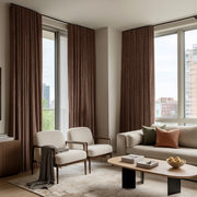 Chocolate Brown Velvet S-Fold Blackout Curtains in a Living Room with Beige Walls