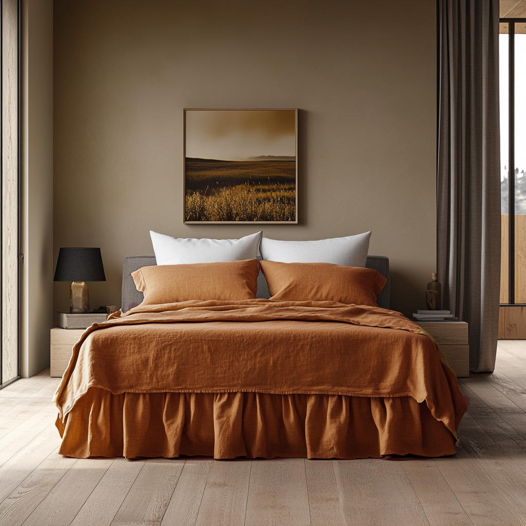 Clay Heavy Weight Linen Bed Skirt with Gathered Ruffles