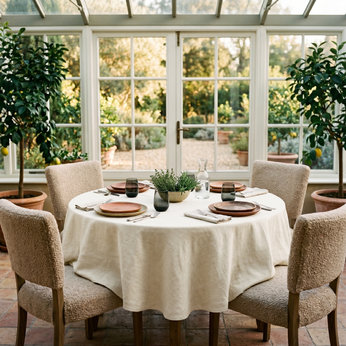 Cream Linen 84 Inch Round Tablecloth in a Bright Garden Dining Room with Bouclé Chairs