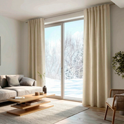 Cream Linen Back Tab Curtains for Sliding Doors in a Living Room with Off-White Walls - Blackout Lining
@Heading: Back Tabs