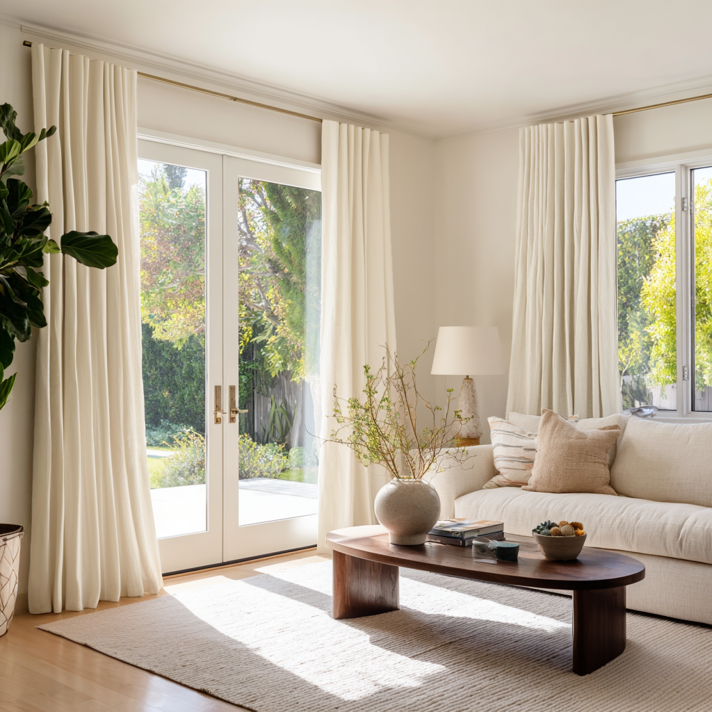 Cream Linen Back Tab Curtains - Cotton Lining