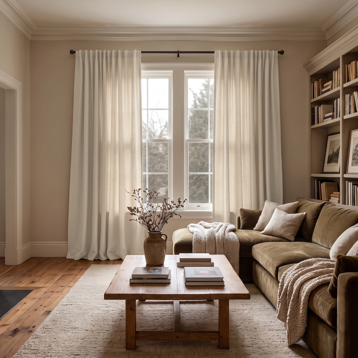 Cream Linen Back Tab Extra Long Curtains in a Transitional Living Room with Built-In Bookshelves and Warm Neutral Decor