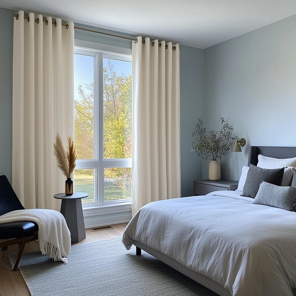 Cream Linen Grommet Curtains in a Soft Blue Bedroom With White Bedding and a Large Window - Blackout Lining