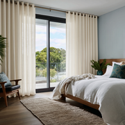 Cream Linen Grommet Curtains in an Airy Blue Bedroom With White Bedding - Cotton Lining