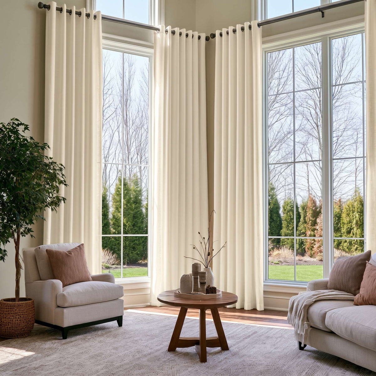 Cream Linen Grommet Extra Long Curtains in a Contemporary Living Room with Tall Windows and Soft Neutral Furniture