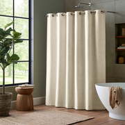 Cream Linen Hookless Weighted Shower Curtain in a Modern Bathroom with Large Windows
