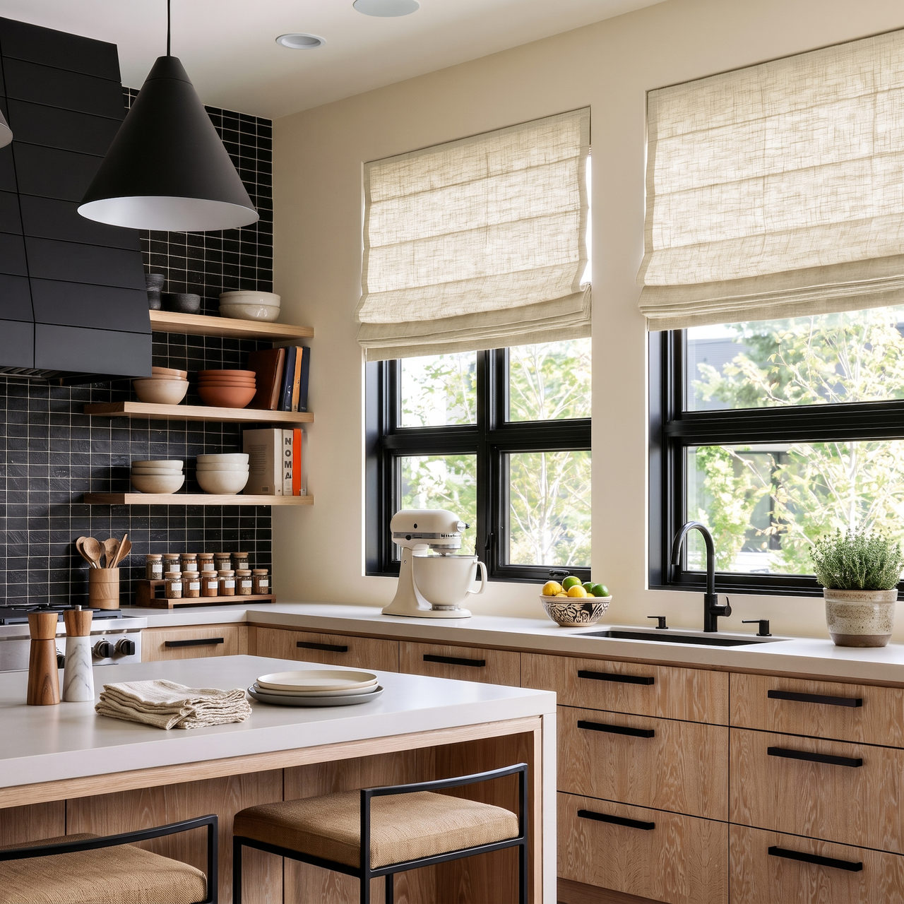 Cream Linen Kitchen Roman Shades in a Modern Kitchen with BBlack Tile Backsplash and Natural Wood Cabinets - Cotton Lining