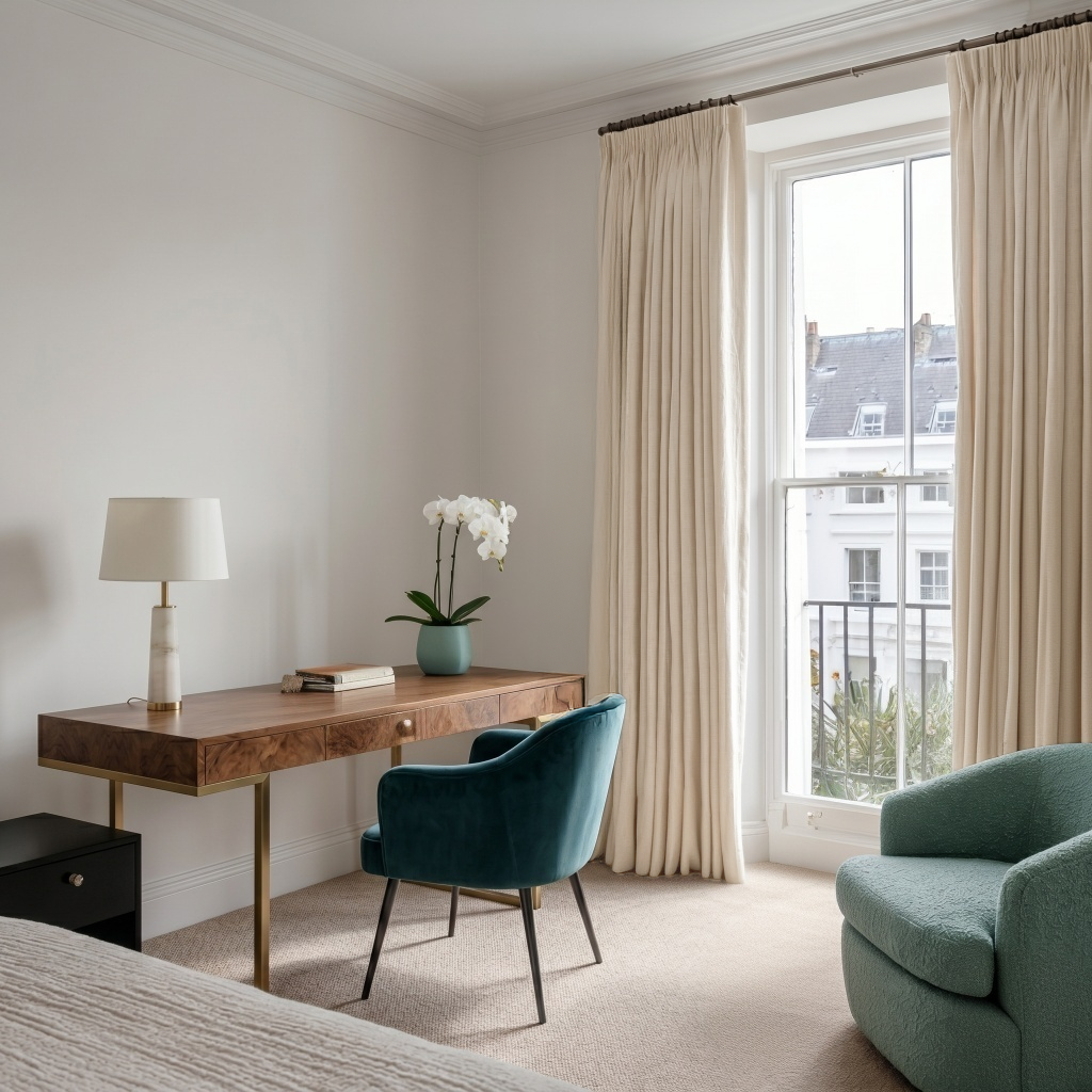 Cream Linen Pencil Pleat Curtains in a Soft Neutral Bedroom with Mid-Century Accents - Blackout Lining