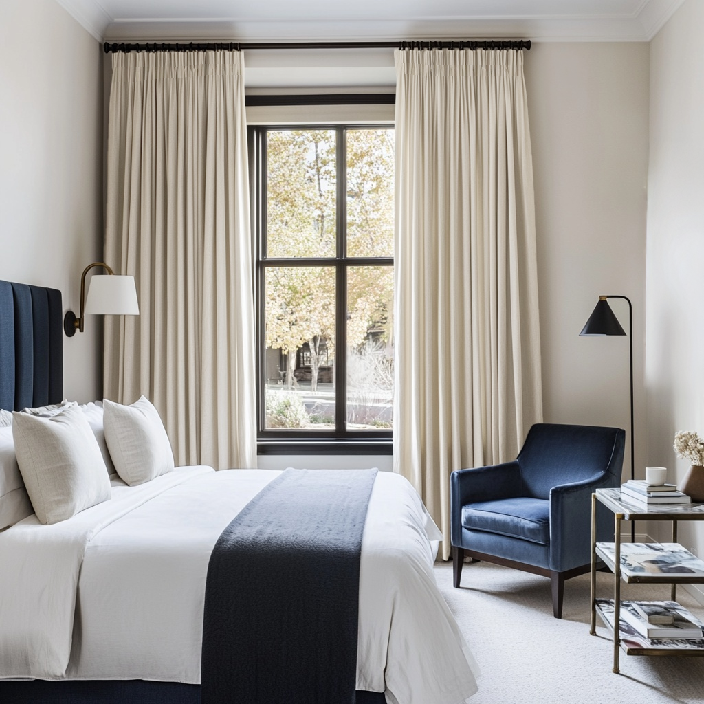Cream Linen Pencil Pleat Curtains in a Refined Bedroom with Tailored Details - Cotton Lining