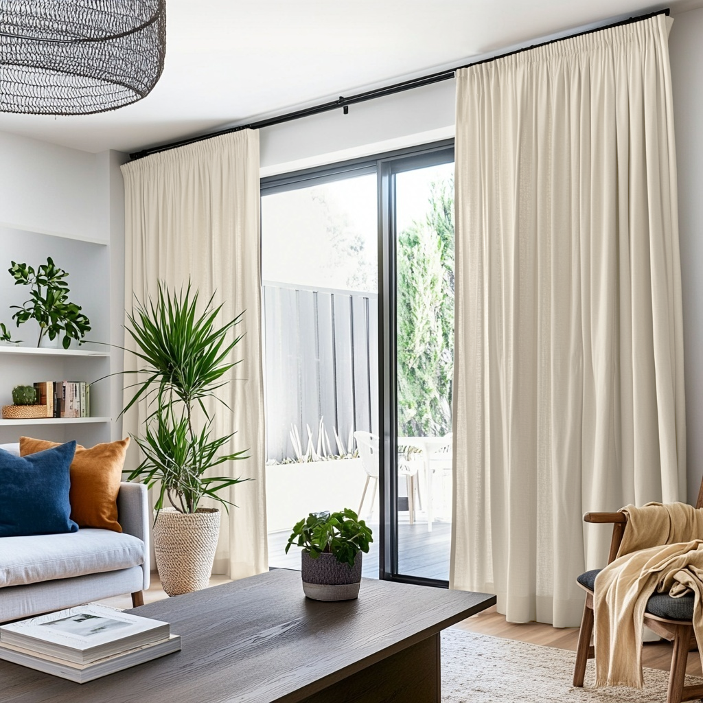 Cream Linen Pencil Pleat Curtains for Sliding Doors in a Living Room with Bright White Walls - Cotton Lining
@Heading: Pencil Pleat