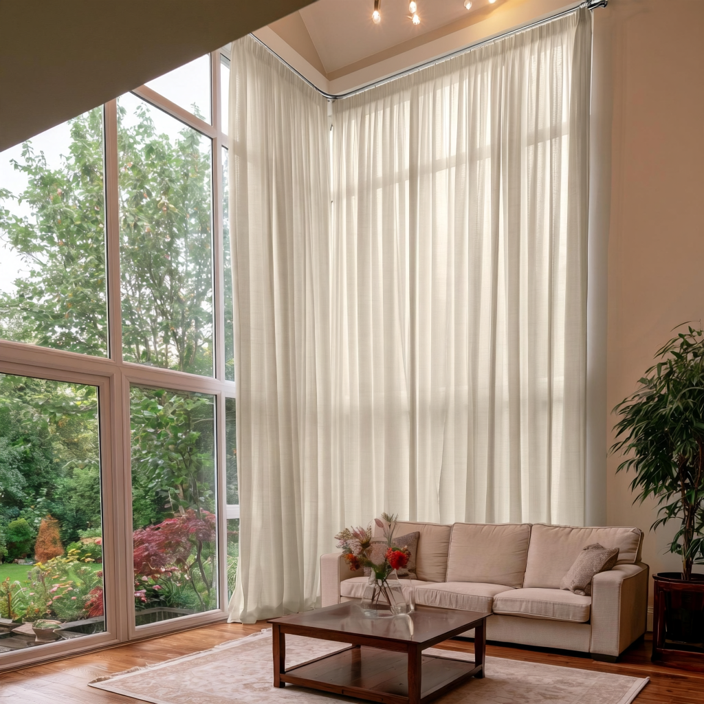 Cream Linen Pencil Pleat Extra Long Curtains in a Contemporary Living Room with Corner Windows and Garden Views