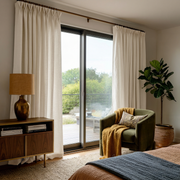 Cream Linen Pinch Pleat Curtains for Sliding Doors in a Bedroom with Beige Walls - Cotton Lining
@Heading: Pinch Pleat