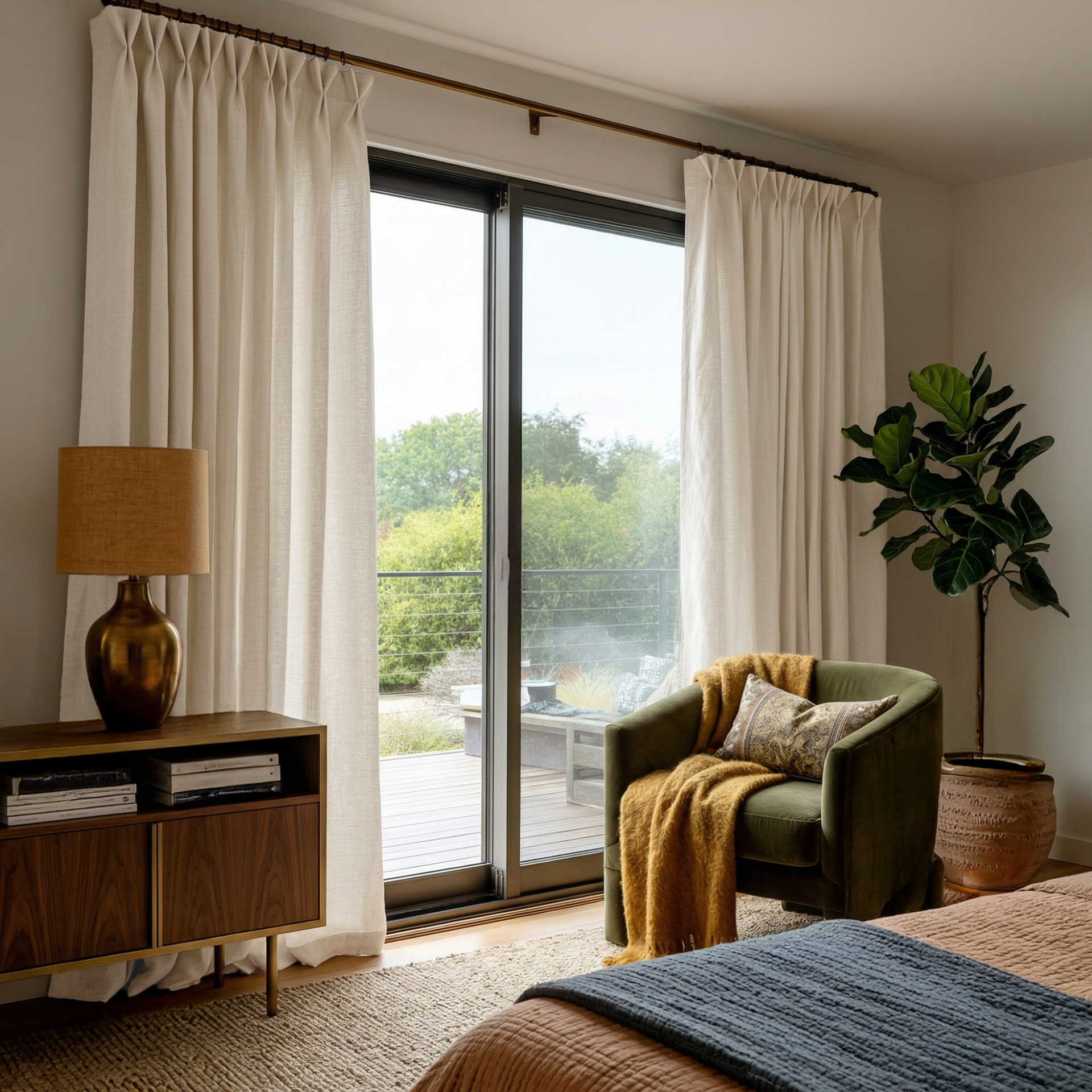 Cream Linen Pinch Pleat Curtains for Sliding Doors in a Bedroom with Beige Walls - Cotton Lining
@Heading: Pinch Pleat
