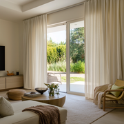Cream Linen S-Fold Curtains for Sliding Doors in a Living Room with Beige Walls
@Heading: S-Fold